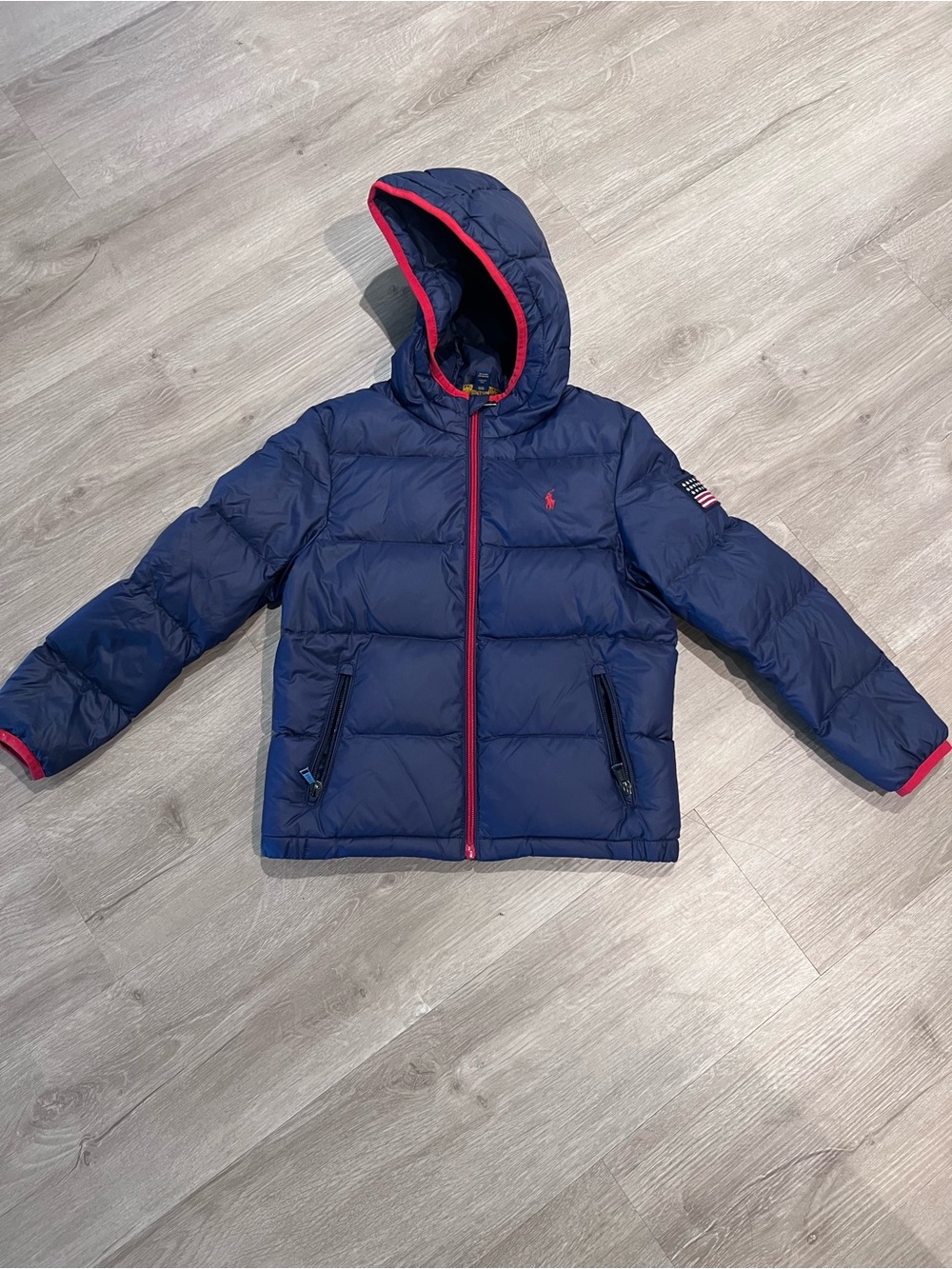 Polo by Ralph Lauren Navy Puffer Jacket with Red Trim